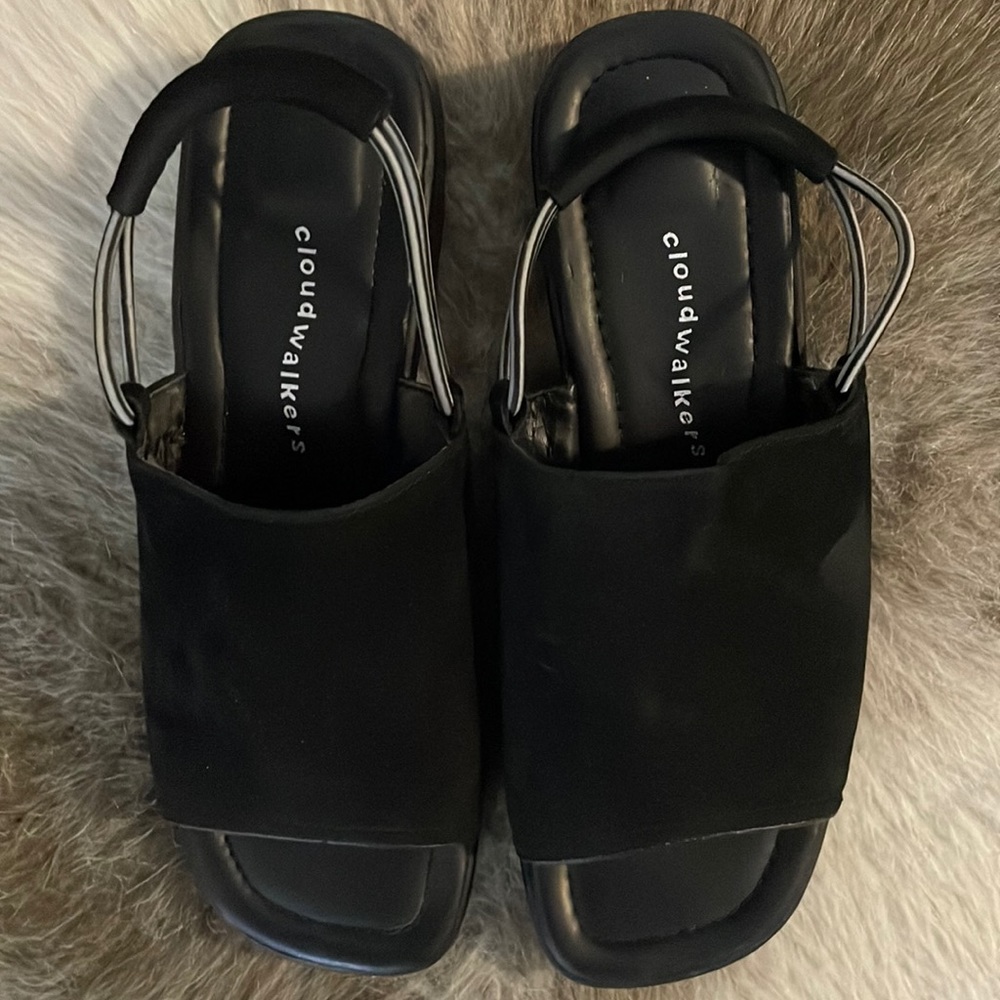 Vintage Cloudwalkers Black Leather Slingback Chunky Sole Sandals Size 8.5 W